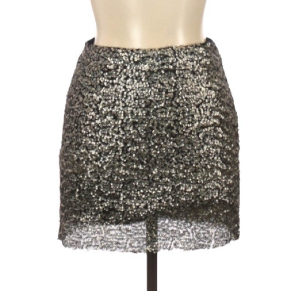 NWT Native Rose Free People 8 brown sequin lined back zip retro glam mini skirt‎